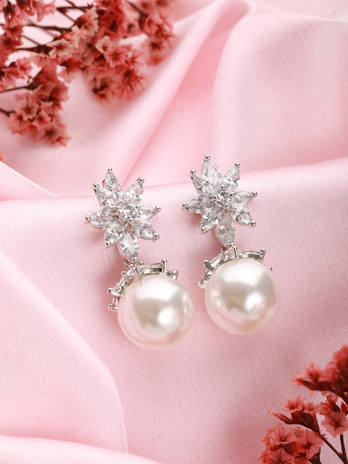 Silver Plated Zercon studded Minimal delicate Floral drop Earringa