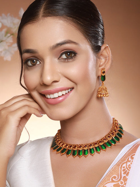 Gold Plated Traditional Green Nagapadam Necklace Jewellery Set