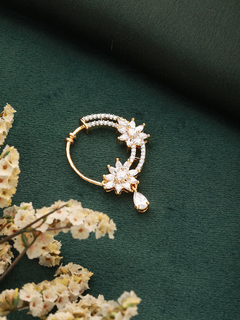 Gold Plated AD Studded Floral Pressing Nose Ring Nath