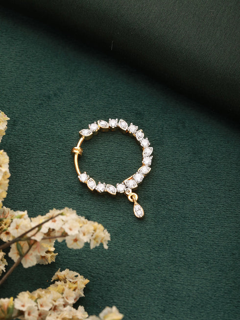 Gold Plated AD Studded Bridal Designer Press Nose Ring Nath