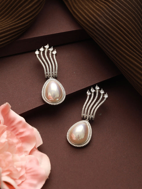 Silver Plated AD Studded & Pearl Contemporary Hoop Bali Earrings