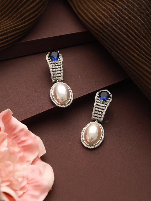 Silver Plated Blue AD Studded & Pearl Contemporary Hoop Bali Earrings