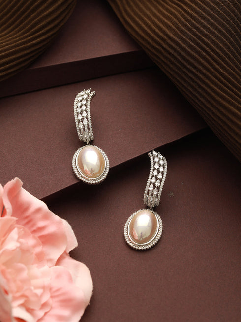 Silver Plated Zircon Studded Pearl Beaded Designer Dangler Hoop Bali Earrings