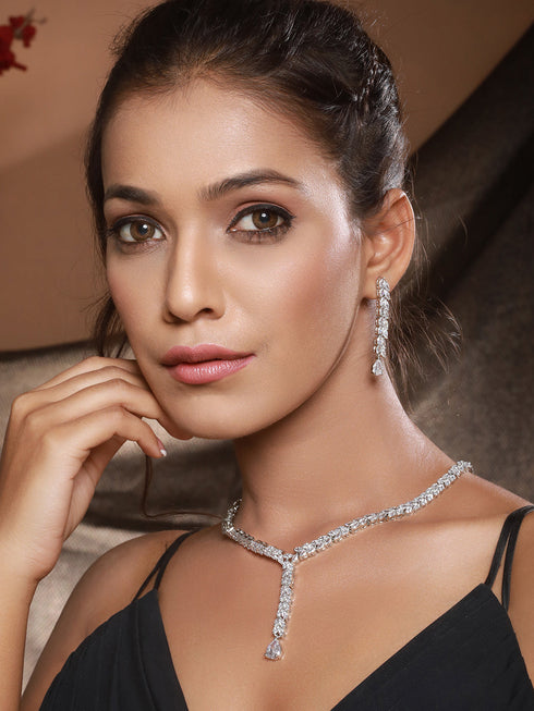 Silver Toned CZ Studded Long Tassel Delicate Bridal Jewellery Set