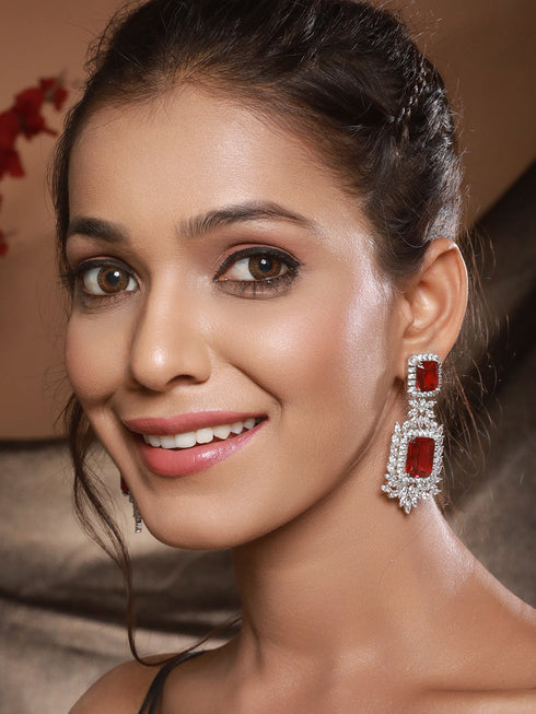 Silver Toned Red Zircon Statement Dangler Clip Earrings