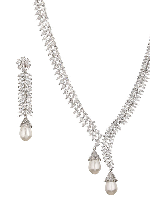 Silver Toned CZ Studded & Pearl Beaded Statement Necklace Jewellery Set