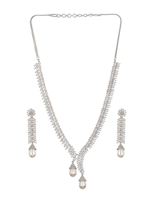 Silver Toned CZ Studded & Pearl Beaded Statement Necklace Jewellery Set