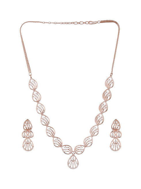 Rose Gold Toned Zircon Studded Minimal Necklace Jewellery Set