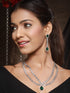 Silver Toned Green Zircon Studded Double Lined Designer Luxe Necklace Jewellery Set
