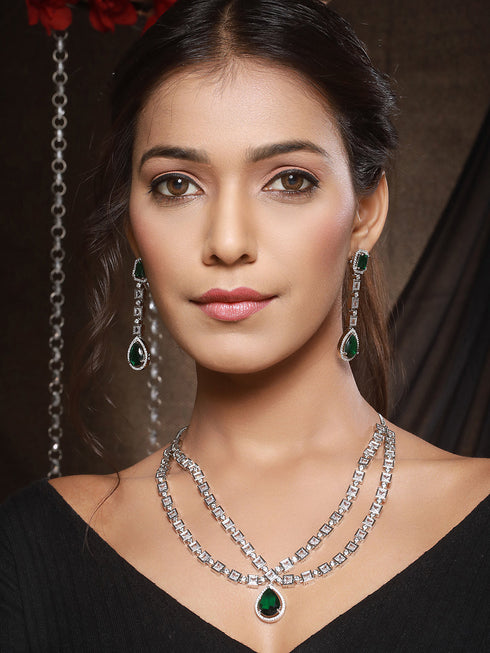 Silver Toned Green Zircon Studded Double Lined Designer Luxe Necklace Jewellery Set