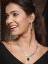 Silver Toned Emerald Green Zircon Studded Minimal Pendant Necklace Jewellery Set