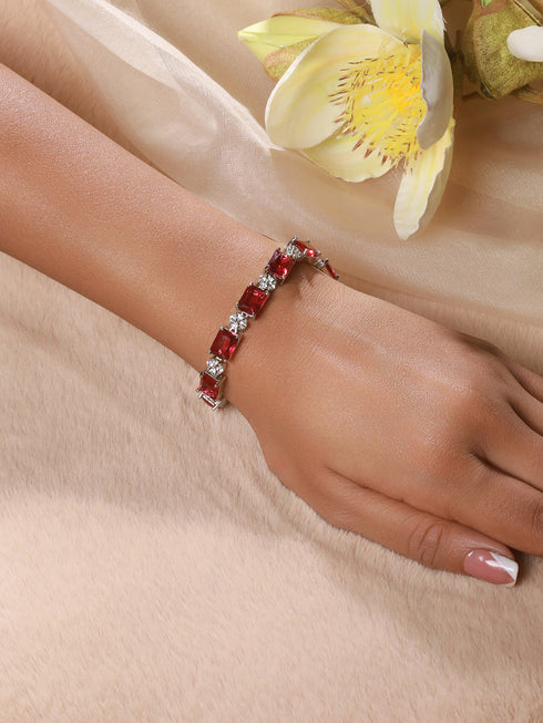 Silver Toned Red AD Studded Minimal Link Tennis Bracelet
