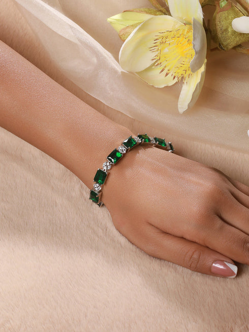 Silver Toned Emarald Green CZ Studded Minimal Link Tennis Bracelet