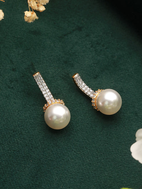 Gold Toned Pearl Minimal Officewear Drop Earrings