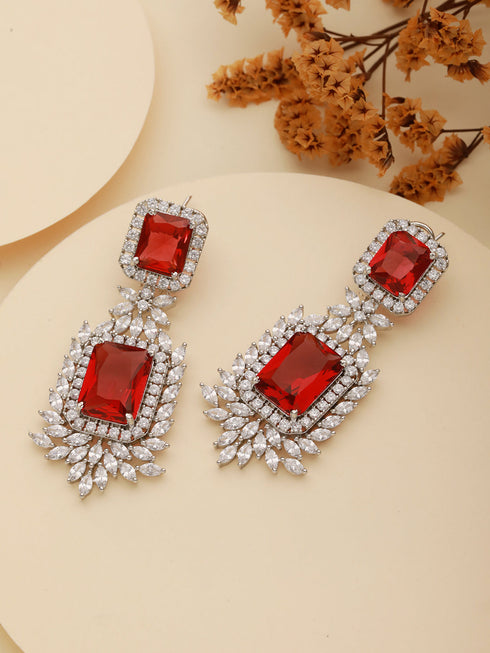 Silver Toned Red Zircon Statement Dangler Clip Earrings