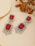 Silver Toned Red Zircon Statement Dangler Clip Earrings