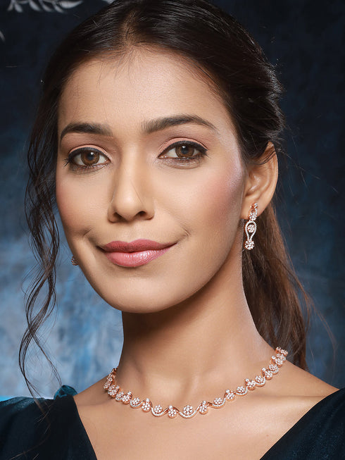 Rose Gold Plated AD Studded Floral Minimal Necklace Jewellery Set