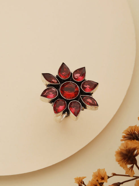 Silver Oxidised Red Stone Floral Minimal Finger Ring
