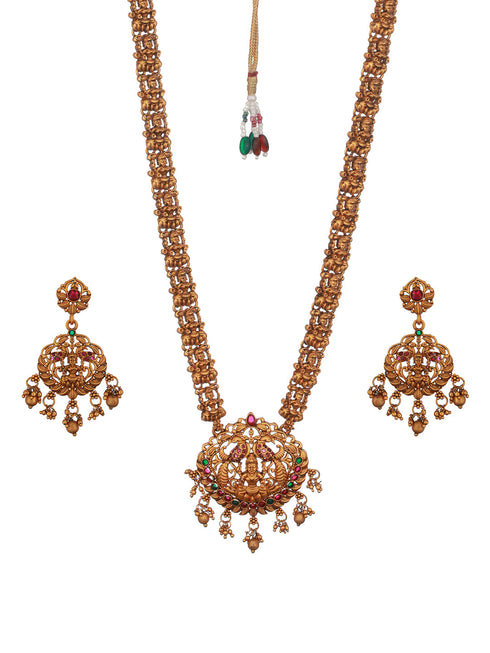 Antique Gold Toned Temple Lakshmiji Pendant Haram Jewellery Set