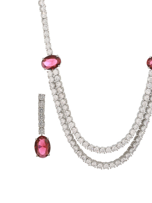 Silver Plated Red AD Studded Double Lined Statement Designer Necklace Jewellery Set