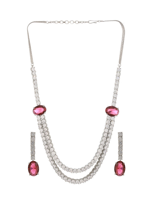 Silver Plated Red AD Studded Double Lined Statement Designer Necklace Jewellery Set