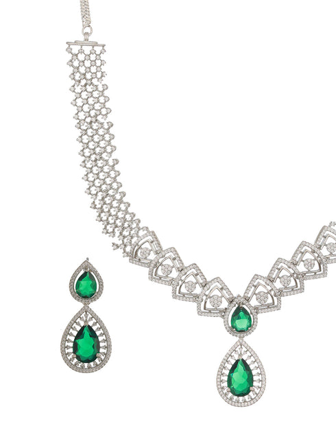 Silver Toned Green AD Studded Geometric Statement Necklace Jewellery Set