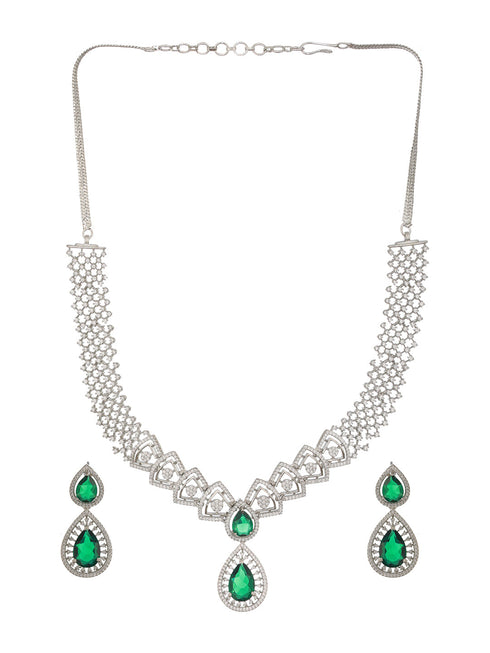 Silver Toned Green AD Studded Geometric Statement Necklace Jewellery Set