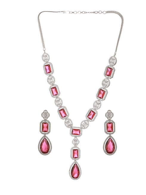 Silver Plated Red Ruby AD Studded Luxe Statement Designer Pendant Jewellery Set