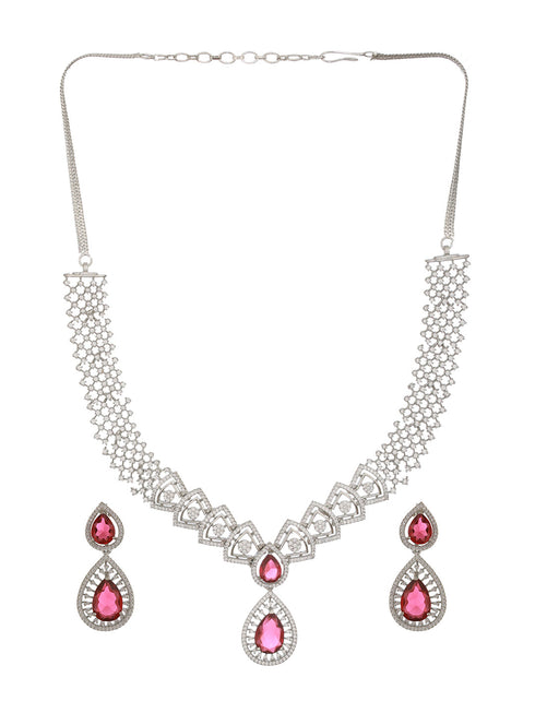 Silver Plated Red AD Studded Geometric Statement Necklace Jewellery Set