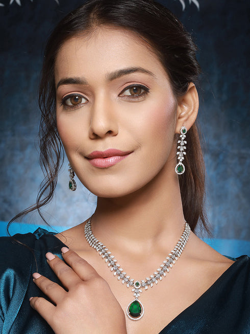 Rhodium Green Emerald Bagatte Zircon Studded Occasionwear Pendant Jewellery Set