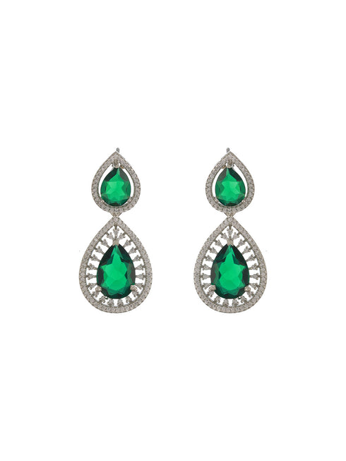 Silver Toned Green AD Studded Geometric Statement Necklace Jewellery Set