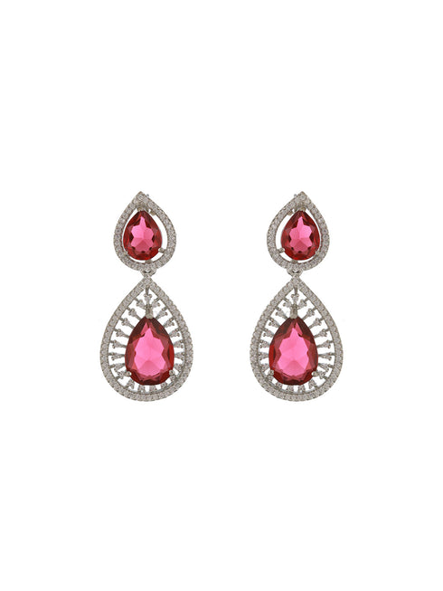 Silver Plated Red AD Studded Geometric Statement Necklace Jewellery Set