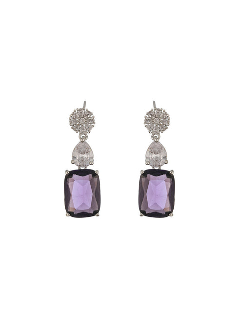 Silver Plated Amethyst Purple AD Long Single Line Statement Pendant Jewellery Set