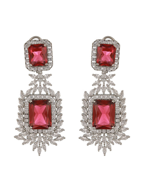 Silver Toned Red Zircon Statement Dangler Clip Earrings