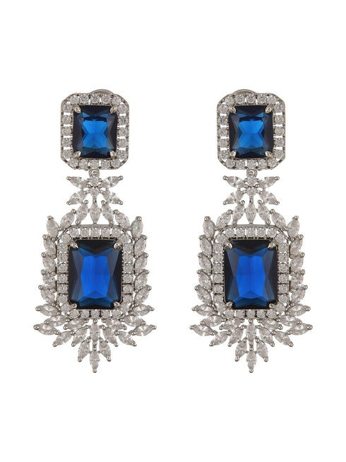 Silver Toned Sapphire Blue CZ Studded Luxe Designer Dropdown Clip Earrings