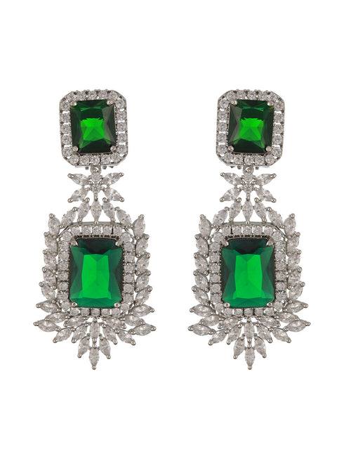Silver Toned Green Emarald AD Studded Luxe Statement Dangler Clip Earrings