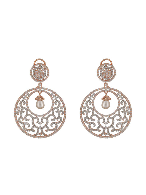 Rose Gold Cz Studded & Pearl Beaded Statement Modern Chandbali Clip Earrings