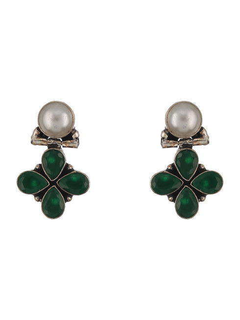 Silver Oxidised Green Stone & Pearl Drop Minimal Earrings