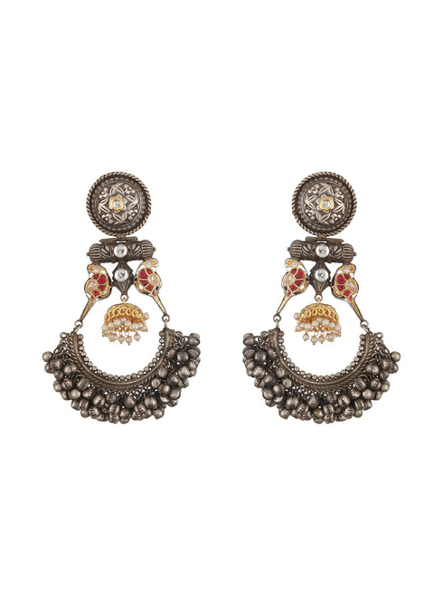 Silver Oxidised Kundan Studded Fusion Large Chandbali Earrings