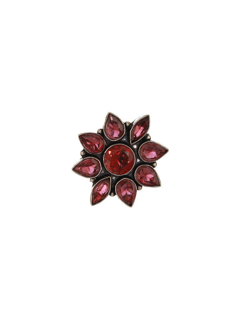 Silver Oxidised Red Stone Floral Minimal Finger Ring