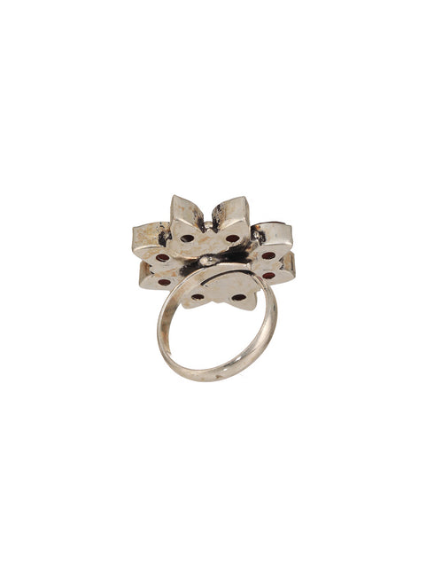 Silver Oxidised Red Stone Floral Minimal Finger Ring
