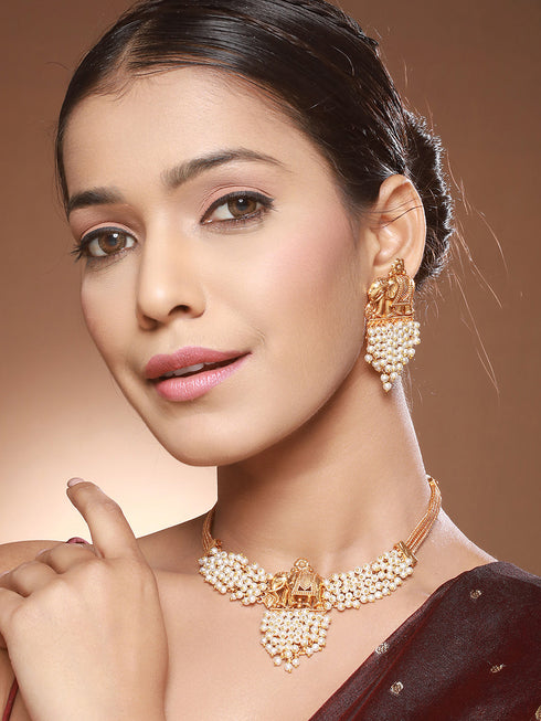 Gold Plated Elephant Motif Pearl Beaded Designer Earrings Necklace Jewellery Set