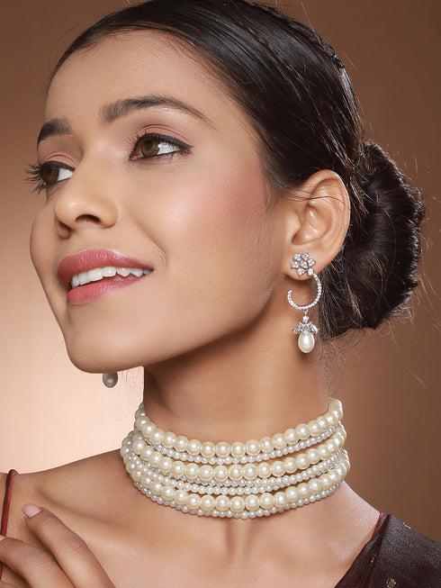 Pearl Beaded 7 Layered Minimal Luxe Choker with AD Earrings Jewellery Set