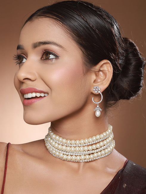 Pearl Beaded 7 Layered Minimal Luxe Choker with AD Earrings Jewellery Set