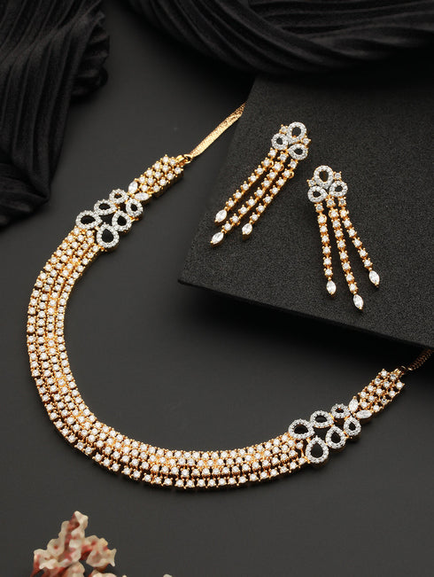 Gold Polished White CZ Studded contemporary Jewellery set