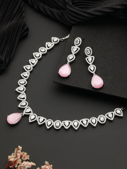 White Rhodium Pink AD Studded Luxe Minimal Jewellry Set