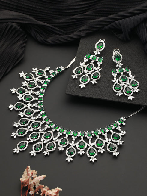 White Rhodium Silver Plated Green CZ Stone Studded jewellery Set