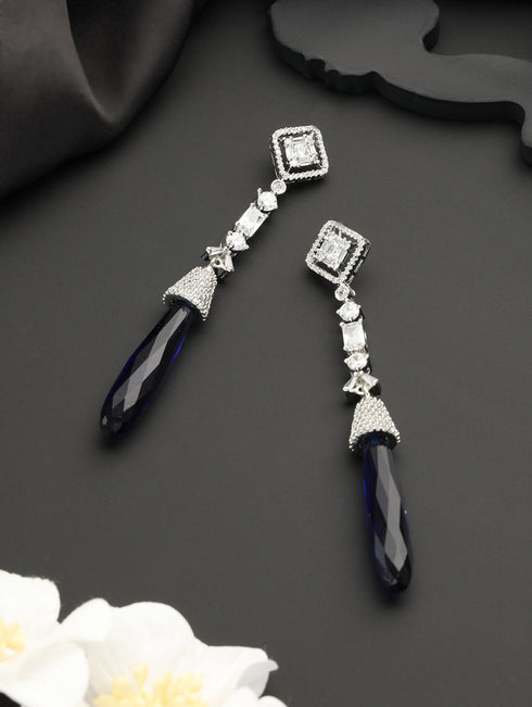 Silver Plated Blue AD Studded Drop statement Earrings