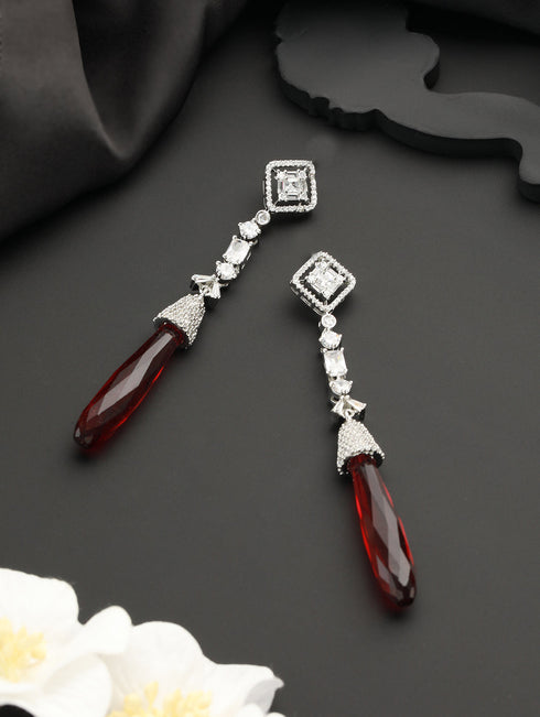 Silver Plated Red AD Studded Designer Dangler Earrings
