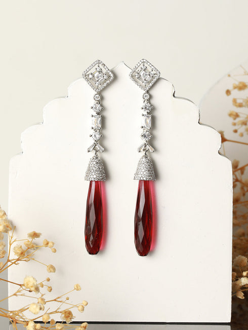 Silver Plated Red AD Studded Designer Dangler Earrings